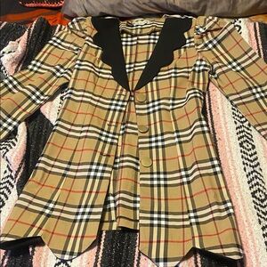 Elegant Tan Plaid Women's Blazer with Black Trim